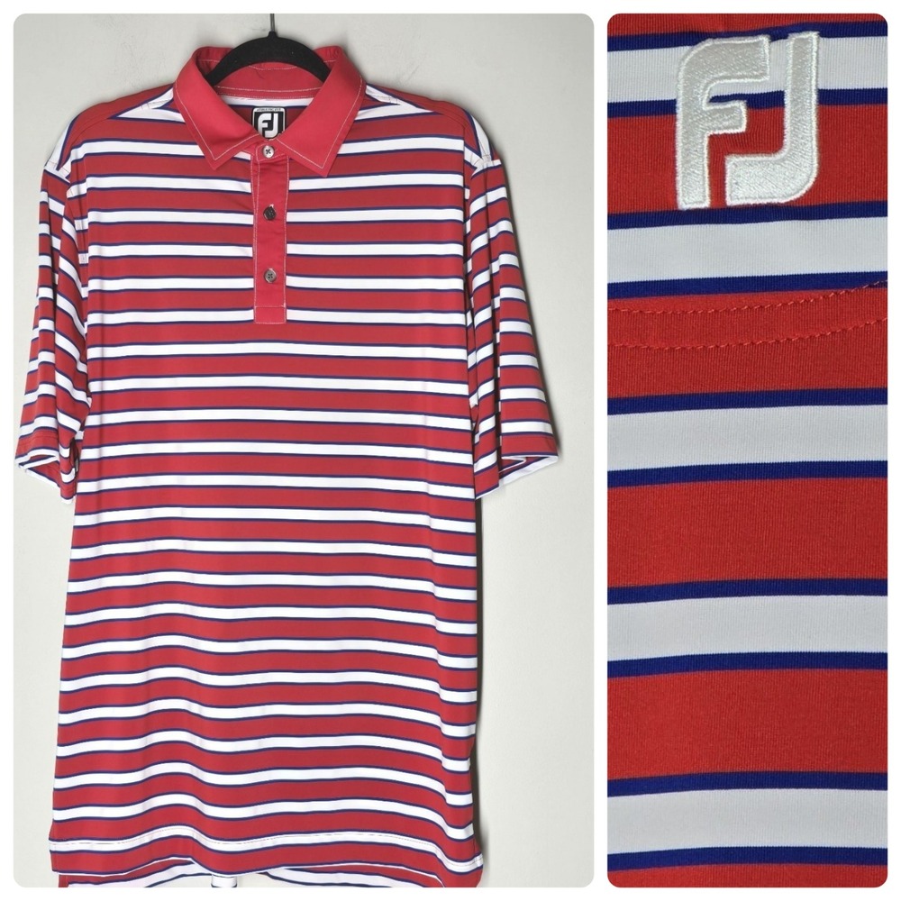 FootJoy Men's Golf Polo Shirt Large Athletic Fit Red White Striped Short‎ Sleeve